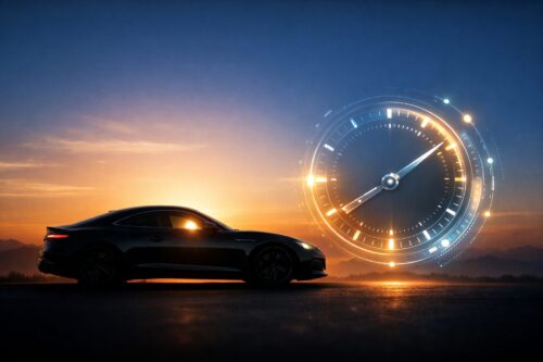 「車の売り時をイメージした夕焼けと時計のビジュアル」