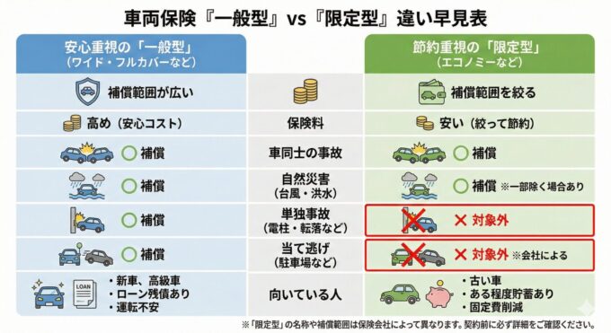 車両保険の「一般型」と「限定型（エコノミー型）」の違い比較表。一般型は保険料が高めだが単独事故や当て逃げもカバーされる。限定型は保険料が安いが、単独事故や当て逃げは補償対象外（×）となる。新車やローンがある人は一般型、古い車や節約重視の人は限定型が推奨される。