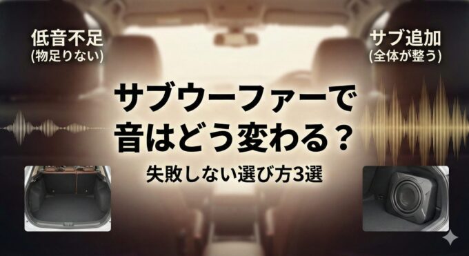 カーオーディオ用サブウーファーの選び方と効果のイメージ図｜低音不足とサブ追加後の音の広がり比較