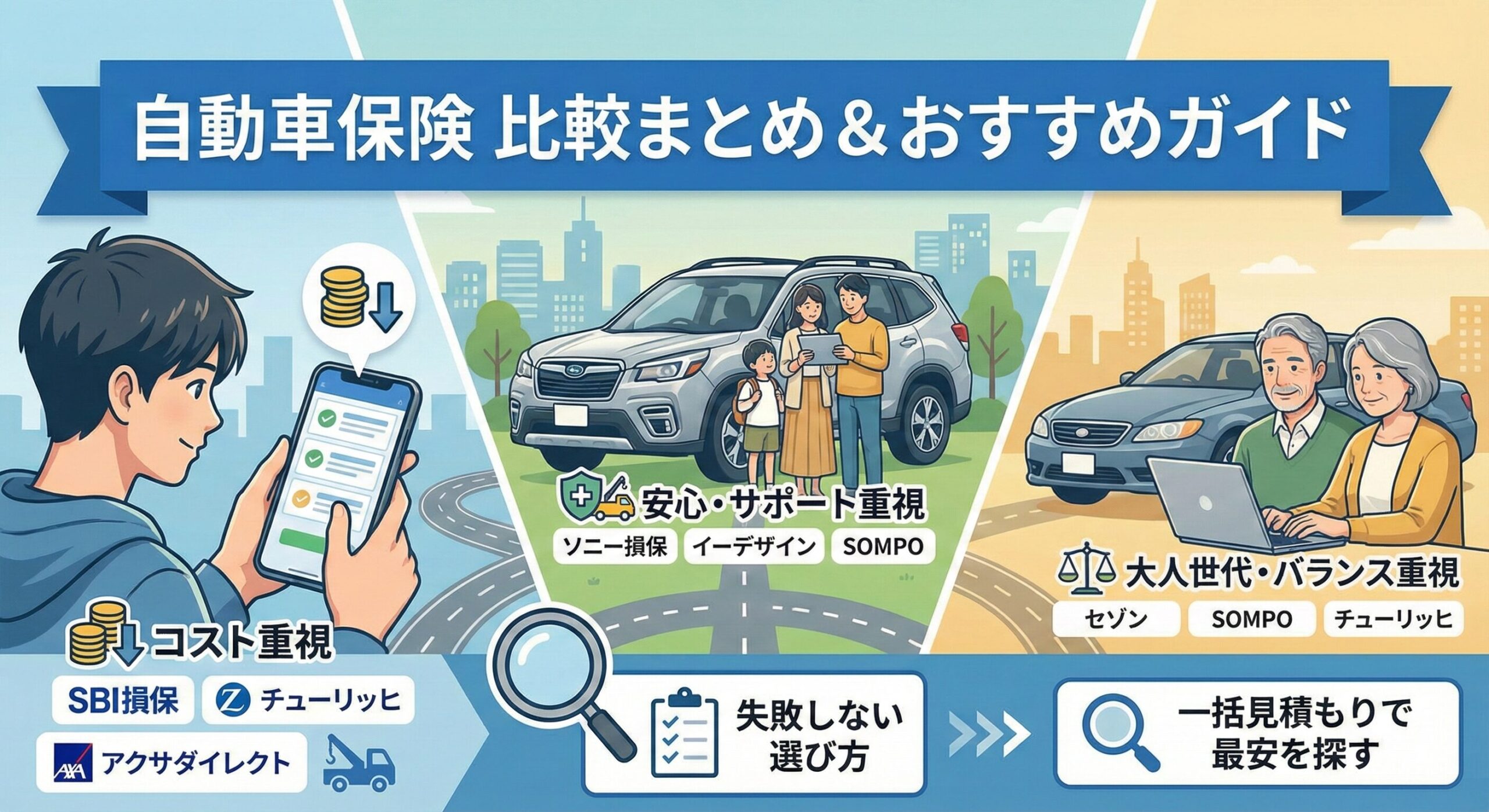 「自動車保険の比較とおすすめを紹介するイラスト」