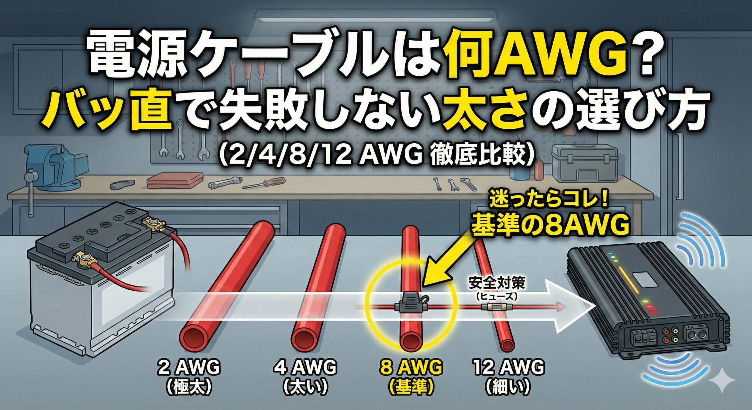 カーオーディオのバッ直電源ケーブル太さ比較イラスト。バッテリーからヒューズを経由してアンプへ繋がる配線図上で、2AWG（極太）、4AWG（太い）、8AWG（基準）、12AWG（細い）の4種類を並べて比較。「迷ったらコレ！基準の8AWG」と強調表示されている。