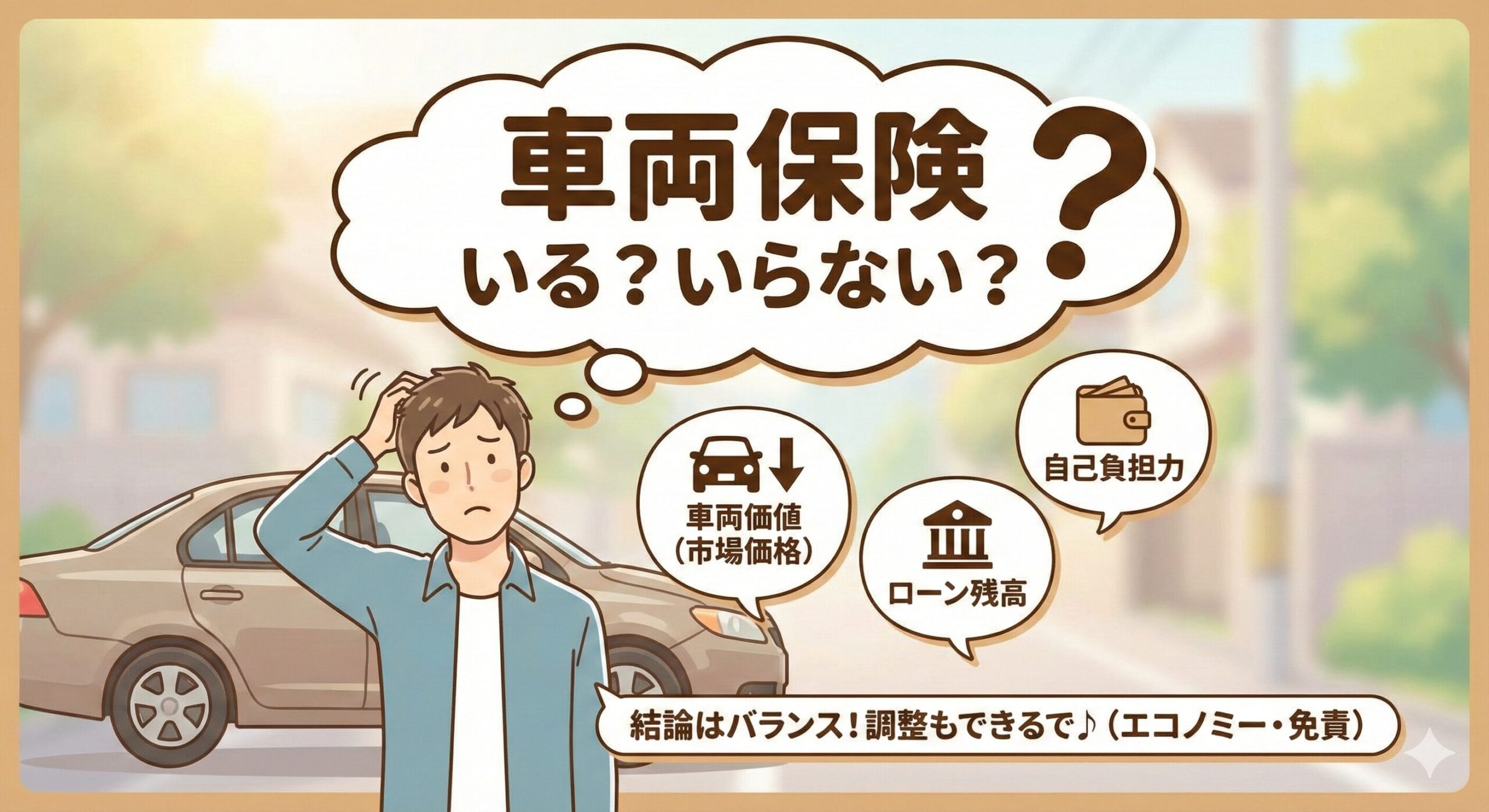 「車両保険いる？いらない？」と悩む男性のイラスト。判断基準として「車両価値」「ローン残高」「自己負担力」のアイコンが示され、結論として「バランスと調整（エコノミー・免責）が重要」である旨が記載された画像。