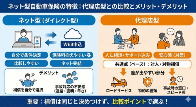 ネット型自動車保険の特徴：代理店型との比較とメリット・デメリットをまとめた図解。左側にネット型（ダイレクト型）の「自分で条件決定」「保険料抑えやすい」「比較しやすい」「ネット完結」といった特徴と、デメリットである「補償を自分で選択」「事故対応の不安感」をイラストで説明。右側に代理店型の「人に相談・サポート込み」「安心感（対面）」といった特徴を記載。両者の共通点（対人・対物補償）と、差が出やすい部分（ロードサービス、特約の種類、事故時の窓口・スピード感）を図示し、最後に「重要：補償は同じと決めつけず、比較ポイントで選ぶ！」というメッセージを強調したインフォグラフィック。