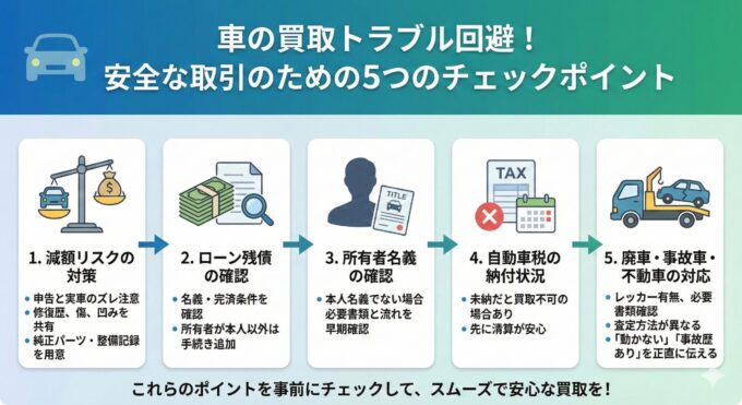 車の買取トラブルを回避するための4つのチェックポイント図解。1.減額リスク対策（修復歴や傷の申告、純正パーツの準備）、2.ローン残債の確認（所有者名義と完済条件）、3.自動車税の未納確認、4.廃車・事故車・不動車の対応（レッカーや書類の違い）。安全な取引のために事前に確認すべき項目をまとめたインフォグラフィック。
