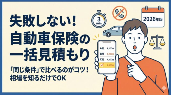 【2026年版】失敗しない！自動車保険の一括見積もり｜スマホで見積もり結果を比較して驚く男性のイラスト。「同じ条件」で比べて相場を知るコツを図解。