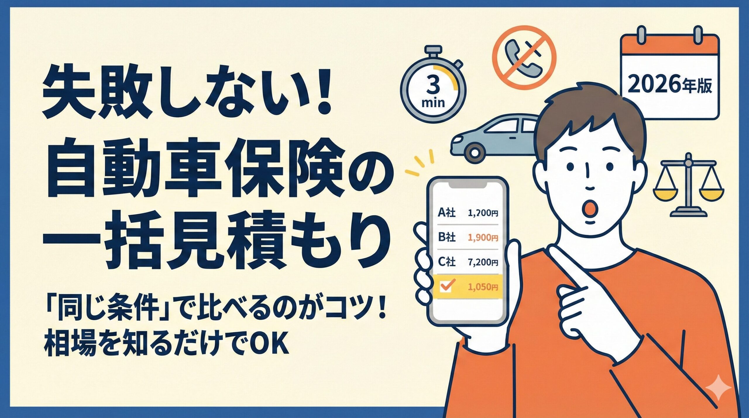 【2026年版】失敗しない！自動車保険の一括見積もり｜スマホで見積もり結果を比較して驚く男性のイラスト。「同じ条件」で比べて相場を知るコツを図解。