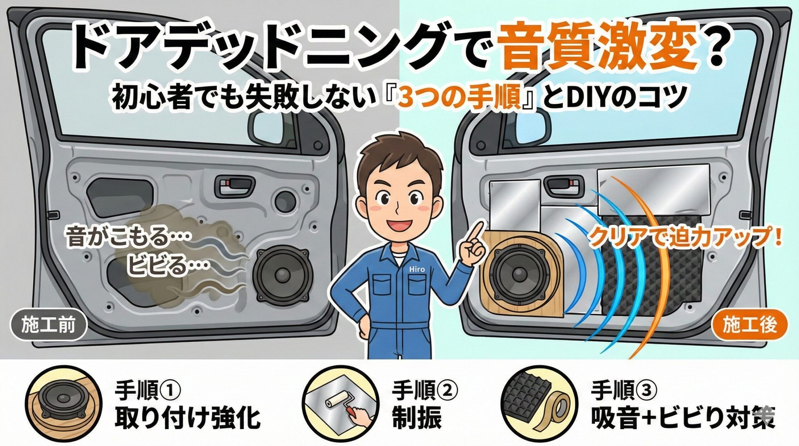 ドアデッドニングで音質激変?施工前後の効果比較と3つの手順(取り付け強化・制振・吸音)の図解