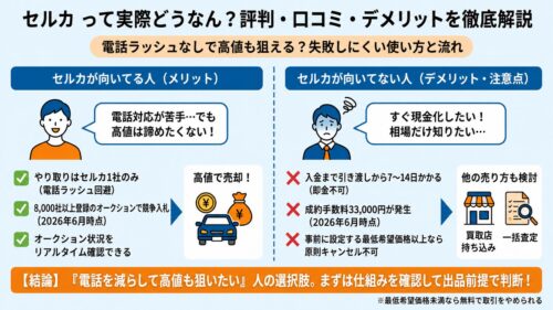 セルカの評判・口コミ・デメリットを解説するアイキャッチ画像。左側に「向いてる人(メリット)」として、電話対応が苦手でも高値を狙いたい人に適しており、やり取りは1社のみ、競争入札で高値期待、リアルタイム確認可能といった点を図解。右側に「向いてない人(デメリット・注意点)」として、すぐ現金化したい人には不向きで、入金まで日数がかかる、成約手数料発生、成約後のキャンセル原則不可といった点を図解。下部に「結論:「電話を減らして高値も狙いたい」人の選択肢。まずは無料査定で相場確認!」というメッセージと、出品前は無料キャンセルOKの注釈がある。
