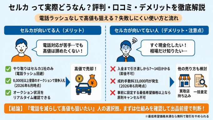 セルカの評判・口コミ・デメリットを解説するアイキャッチ画像。左側に「向いてる人（メリット）」として、電話対応が苦手でも高値を狙いたい人に適しており、やり取りは1社のみ、競争入札で高値期待、リアルタイム確認可能といった点を図解。右側に「向いてない人（デメリット・注意点）」として、すぐ現金化したい人には不向きで、入金まで日数がかかる、成約手数料発生、成約後のキャンセル原則不可といった点を図解。下部に「結論：「電話を減らして高値も狙いたい」人の選択肢。まずは無料査定で相場確認！」というメッセージと、出品前は無料キャンセルOKの注釈がある。
