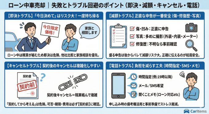 ローン中の車売却における失敗とトラブル回避のポイントを4つに分けて解説した図解。左上は「即決トラブル」として、営業の「今日決めて」には乗らず、一度持ち帰って家族相談や他社比較を推奨。右上は「減額トラブル」対策として、傷や修復歴の正直な申告と多めの写真撮影が安全であると説明。左下は「キャンセルトラブル」について、契約後は精算が絡み複雑化するため、必ず契約前にキャンセルの条件を確認するよう警告。右下は「電話トラブル」の負担を減らすため、連絡時間指定やメール希望、聞くことメモの活用を提案している。右下にCarItemsロゴ。