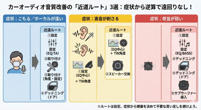 カーオーディオ音質改善の「近道ルート」3選:症状から逆算で遠回りなし!の図解。 1. 「こもる/ボーカルが遠い」症状への近道は、①設定(EQ/TA)→③取り付け(角度・固定)→④デッドニング(ドア)の順。 2. 「高音が刺さる」症状への近道は、①設定(EQ中心)+ツィーター角度調整→②スピーカー交換の順。 3. 「低音が弱い」症状への近道は、①設定(EQ/BASS)→④デッドニング(ドア)→⑤サブウーファー導入の順。 症状から対策の順番を決めることで、不要な買い足しを避けるためのフローチャート。