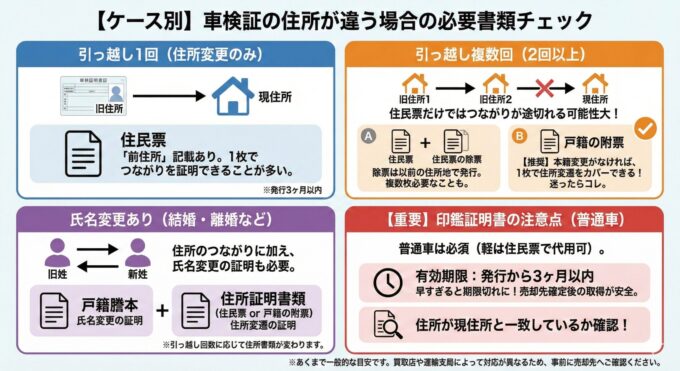車検証の住所が違う場合の必要書類を、「引っ越し1回」「引っ越し複数回（戸籍の附票推奨）」「氏名変更あり（戸籍謄本が必要）」「印鑑証明の注意点」の4ケースに分けてまとめた図解チャート。