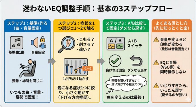 迷わないEQ調整手順:基本の3ステップフローをまとめた図解。ステップ1は「基準を作る」で、いつもの曲1曲と音量、姿勢を固定する。ステップ2は「症状を1つ選び±1〜2で触る」で、気になる症状(こもる、刺さる、遠いなど)に対し、EQの1か所だけを小さく動かす(下げる方向推奨)。ステップ3は「A/B比較して固定(ダメなら戻す)」で、変更前後を比較し、良ければ固定、完璧を狙いすぎず「良い気がする程度」でOKとし、曲を変えるのは最後にする。右端には「よくある落とし穴」として、音量固定での比較、EQと音場の同時操作回避、いじりすぎたら一旦戻すことを警告アイコン付きで解説している。