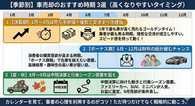 【季節別】車売却のおすすめ時期 3選（高くなりやすいタイミング）をカレンダー形式でまとめたインフォグラフィック。1月〜3月の【決算期】は「売り手市場で強気交渉のチャンス」、6月・12月の【ボーナス期】は「購買意欲が高まり高価格帯が狙い目」、8月〜9月の【夏・秋】は「中間決算と行楽シーズン需要で特定車種が人気」であることを、それぞれの時期に対応したイラストと解説文で図示。業者の心理を利用して戦略的に売却時期を選ぶことを促す内容。