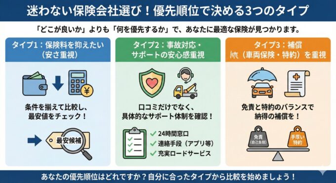 迷わない保険会社選び！優先順位で決める3つのタイプの図解。タイプ1「安さ重視」は条件を揃えて最安値を比較。タイプ2「安心感重視」は口コミだけでなく24時間窓口やアプリ対応などのサポート体制を確認。タイプ3「補償重視」は免責金額（自己負担）と手厚い特約のバランスを考慮。どこが良いかではなく、自分の優先順位に合わせて最適な保険会社を選ぶためのガイド。