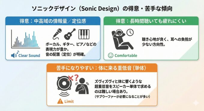 ソニックデザイン（Sonic Design）の得意・苦手な傾向をまとめた図解。得意な点として「中高域の情報量／定位感」（ボーカルや楽器の表現力が豊かで音の配置が明確）と「長時間聴いても疲れにくい」（聴き心地が良く耳への負担が少ない）を挙げる一方、苦手になりやすい点として「体に来る重低音（単体）」（体に響くような超重低音を単体で求めるのは難しく、サブウーファーが必要になる場合が多い）ことを解説したインフォグラフィック。