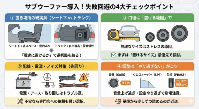 サブウーファー導入時の失敗を回避するための4つの重要チェックポイントをまとめた図解。①置き場所は「シート下（省スペース）」か「トランク（自由度高）」か現実に置けるかで絞る。②口径は無理なサイズは避け、車内に「置ける範囲」を最優先で検討する。③配線・電源・ノイズ対策はトラブル源となるため、不安なら専門店への依頼も選択肢に入れる。④調整（音量GAIN・クロスオーバーLPF・位相PHASE）はやり過ぎによる音の崩壊に注意し、基準から少しずつ詰めるのがコツであると解説している。