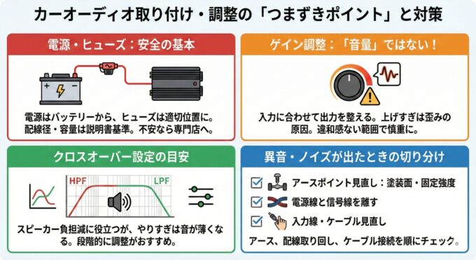 カーオーディオ取り付け・調整の「つまずきポイント」と対策をまとめた4分割の図解。左上「電源・ヒューズ」はバッテリーからの電源取得と適切ヒューズの重要性、右上「ゲイン調整」は音量ではなく入力に合わせた出力調整で歪みを避ける考え方、左下「クロスオーバー設定」はスピーカー負担軽減とやりすぎによる音痩せへの注意、右下「異音・ノイズ対策」はアース、配線取り回し、ケーブル見直しのチェックポイントを解説したインフォグラフィック。