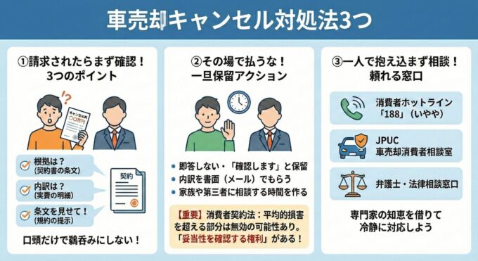 車買取でキャンセル料を請求された際の対処法を図解したインフォグラフィック。①請求時は「根拠（契約書）」「内訳（実費）」「条文（規約）」の3点を確認し、口頭を鵜呑みにしない。②その場では払わず「確認します」と保留し、書面で内訳をもらい、相談する時間を作る。消費者契約法に基づき妥当性を確認する権利がある点も強調。③一人で悩まず、消費者ホットライン「188」、JPUC、弁護士といった専門窓口に相談するよう案内している。
