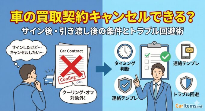 「車の買取契約キャンセルできる？サイン後・引き渡し後の条件とトラブル回避術」記事のアイキャッチ画像。左側にはクーリング・オフ対象外の契約書を見て悩む男性のイラスト、右側にはタイミング判断や連絡テンプレなどの解決策を提示する専門家のイラストが描かれている。CarItems.netロゴ入り。