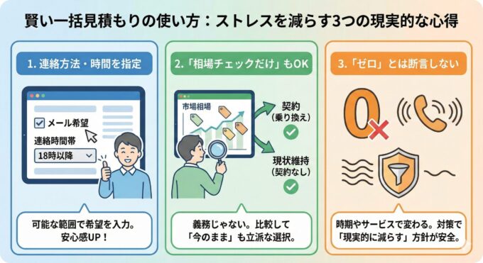 賢い一括見積もりの使い方：ストレスを減らす3つの現実的な心得をまとめた図解。1.「連絡方法・時間を指定」では、メール希望や時間帯指定を可能な範囲で入力して安心感を高めることを推奨。2.「『相場チェックだけ』もOK」では、見積もりは契約が義務ではなく、比較して現状維持を選ぶことも立派な選択であると説明。3.「『ゼロ』とは断言しない」では、時期やサービスで連絡状況は変わるため、完全にゼロとは断言せず現実的に減らす対策が安全であると解説している。