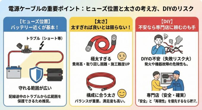電源ケーブルの重要ポイントを解説したインフォグラフィック。【ヒューズ位置】はバッテリー近くが基本で配線トラブルから広範囲を保護できること、【太さ】は極太すぎるとデメリットが多く構成に合う太さがバランスが良いこと、【DIY】は発火などの失敗リスクが不安なら安全・確実な専門店に頼むのが有効であることを、それぞれイラストとテキストで分かりやすく対比して説明している。