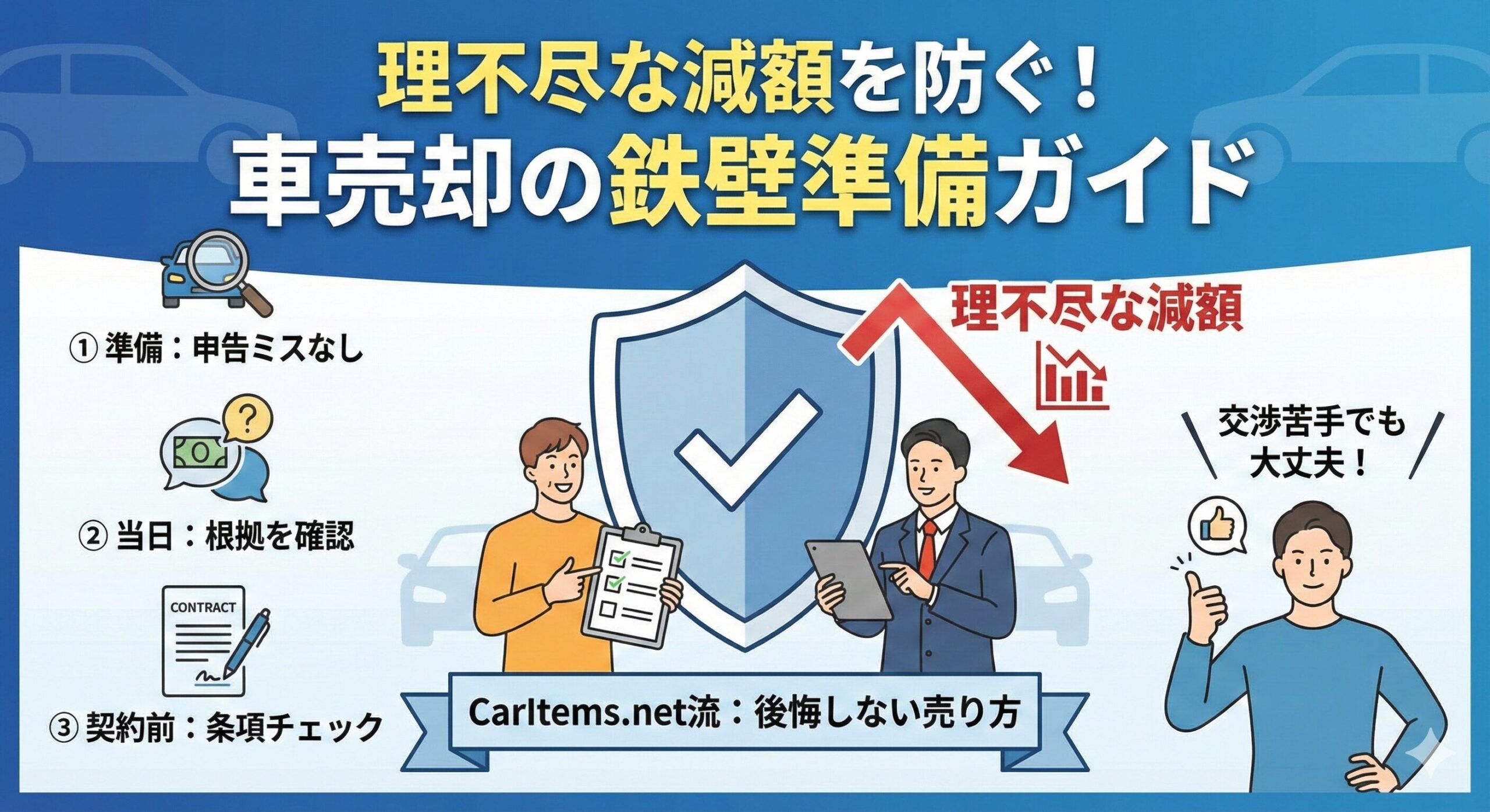 理不尽な減額を防ぐ！車売却の鉄壁準備ガイドのアイキャッチ画像。中央には、盾で守られながらチェックリストを持つ車のオーナーと、タブレットを見る査定士のイラストがあり、赤い矢印で「理不尽な減額」が減少している様子が描かれている。左側には減額を防ぐ3つのステップとして、虫眼鏡と車のアイコンで「①準備：申告ミスなし」、お金と質問の吹き出しアイコンで「②当日：根拠を確認」、契約書とペンのアイコンで「③契約前：条項チェック」が示されている。右側には「交渉苦手でも大丈夫！」とサムズアップする男性のイラストがあり、下部には「CarItems.net流：後悔しない売り方」というメッセージが記載されている。