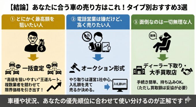 【結論】あなたに合う車の売り方はこれ!タイプ別おすすめ3選のインフォグラフィック。①「とにかく最高額を狙いたい人」には複数業者を競わせる「一括査定」、②「電話営業は嫌だけど高く売りたい人」には運営1社とやり取りする「オークション形式」、③「面倒なのは一切無理な人」には手続きが簡単な「ディーラー下取り・大手買取店」(ただし買取額は妥協が必要)を推奨。それぞれの特徴とメリット・デメリットをイラスト付きで解説し、状況や優先順位に合わせて使い分けることを提案している。