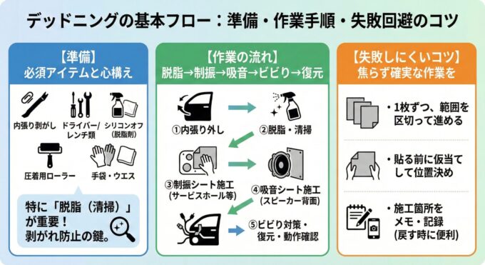 デッドニングの基本フロー:準備・作業手順・失敗回避のコツをまとめた図解。左の【準備】では内張り剥がしやシリコンオフ等の必須工具と、剥がれ防止のための「脱脂」の重要性を強調。中央の【作業の流れ】は、①内張り外し→②脱脂・清掃→③制振シート施工→④吸音シート施工→⑤ビビり対策・復元の5ステップを図示。右の【失敗しにくいコツ】では、1枚ずつ進める、仮当てによる位置決め、施工箇所の記録といったポイントを解説したインフォグラフィック。