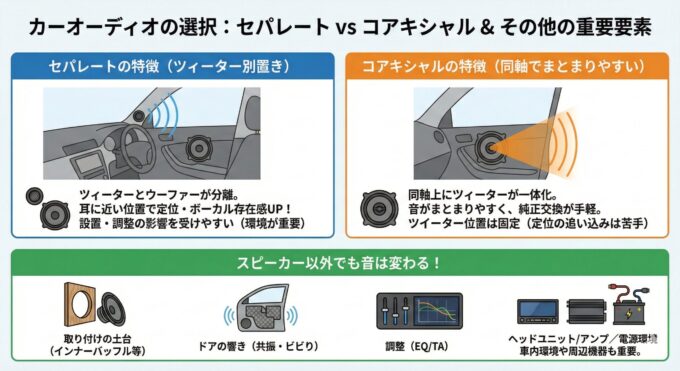 カーオーディオの選択:セパレートスピーカーとコアキシャルスピーカーの違い&その他の重要要素をまとめた図解。左側「セパレートの特徴」では、ツィーターとウーファーが別体で定位やボーカルの存在感を出しやすいが、設置・調整の影響を受けやすいことを解説。右側「コアキシャルの特徴」では、同軸一体型で音がまとまりやすく純正交換が手軽だが、定位の追込みは苦手であることを解説。下段では「スピーカー以外でも音は変わる」として、取り付けの土台(インナーバッフル)、ドアの響き(共振対策)、調整(EQ/TA)、ヘッドユニットやアンプ・電源環境の重要性をイラスト付きで紹介。
