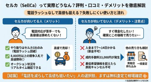セルカ（SellCa）の評判・口コミ・デメリットを解説するアイキャッチ画像。左側に「向いてる人（メリット）」として、電話対応が苦手でも高値を狙いたい人に適しており、やり取りは1社のみ、競争入札で高値期待、リアルタイム確認可能といった点を図解。右側に「向いてない人（デメリット・注意点）」として、すぐ現金化したい人には不向きで、入金まで日数がかかる、成約手数料発生、成約後のキャンセル原則不可といった点を図解。下部に「結論：「電話を減らして高値も狙いたい」人の選択肢。まずは無料査定で相場確認！」というメッセージと、出品前は無料キャンセルOKの注釈がある。