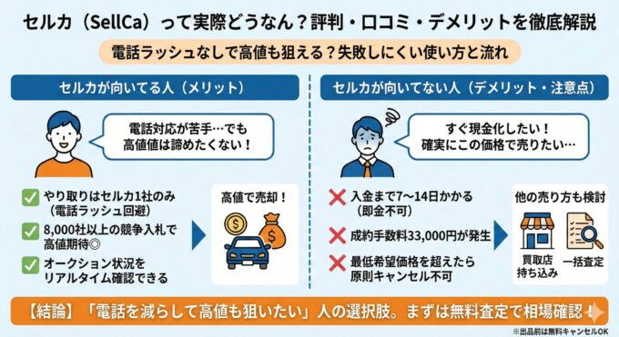 セルカ（SellCa）の評判・口コミ・デメリットを解説するアイキャッチ画像。左側に「向いてる人（メリット）」として、電話対応が苦手でも高値を狙いたい人に適しており、やり取りは1社のみ、競争入札で高値期待、リアルタイム確認可能といった点を図解。右側に「向いてない人（デメリット・注意点）」として、すぐ現金化したい人には不向きで、入金まで日数がかかる、成約手数料発生、成約後のキャンセル原則不可といった点を図解。下部に「結論：「電話を減らして高値も狙いたい」人の選択肢。まずは無料査定で相場確認！」というメッセージと、出品前は無料キャンセルOKの注釈がある。
