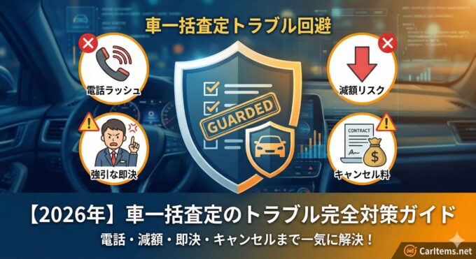 【2026年】車一括査定のトラブル完全対策ガイドのアイキャッチ画像。中央の「GUARDED」と書かれた盾が、周囲にある「電話ラッシュ」「減額リスク」「強引な即決営業」「キャンセル料トラブル」という4つの代表的な問題を回避・防御するイメージを表現。これらの不安を一気に解決するための情報が網羅されていることを示すイラスト。CarItems.netロゴ入り。