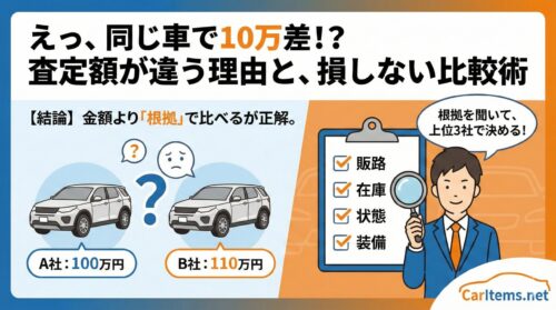 alt="CarItems.netの記事アイキャッチ画像。「えっ、同じ車で10万差!? 査定額が違う理由と、損しない比較術」というタイトル。左側には同じ車種でA社100万円、B社110万円と査定額が異なることに驚くイラスト。右側には虫眼鏡を持ったキャラクターが「販路・在庫・状態・装備」のチェックリストを示し、「根拠を聞いて、上位3社で決める！」と解説する様子が描かれている。結論として「金額より『根拠』で比べるが正解」と強調されている。"