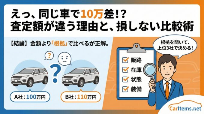 alt="CarItems.netの記事アイキャッチ画像。「えっ、同じ車で10万差!? 査定額が違う理由と、損しない比較術」というタイトル。左側には同じ車種でA社100万円、B社110万円と査定額が異なることに驚くイラスト。右側には虫眼鏡を持ったキャラクターが「販路・在庫・状態・装備」のチェックリストを示し、「根拠を聞いて、上位3社で決める！」と解説する様子が描かれている。結論として「金額より『根拠』で比べるが正解」と強調されている。"