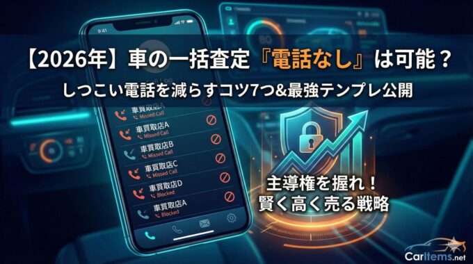 スマホの着信拒否画面と防御の盾を描いた、「【2026年】車の一括査定『電話なし』は可能？しつこい電話を減らすコツ7つ＆最強テンプレ公開」記事のアイキャッチ画像。主導権を握って賢く高く売る戦略をイメージ。CarItems.net。