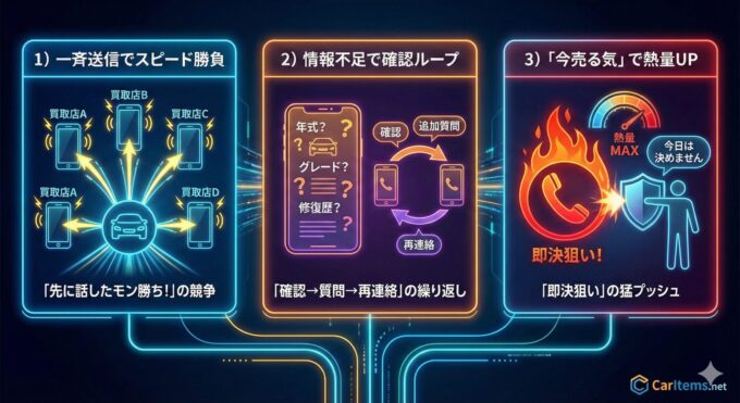 車の一括査定で電話が多くなる3つのパターンを図解したネオン風インフォグラフィック。「1）一斉送信でスピード勝負（先に話したモン勝ちの競争）」、「2）情報不足で確認ループ（確認→質問→再連絡の繰り返し）」、「3）『今売る気』で熱量UP（即決狙いの猛プッシュ）」の3つの要素が視覚的に表現されている。右下にCarItems.netのロゴ。
