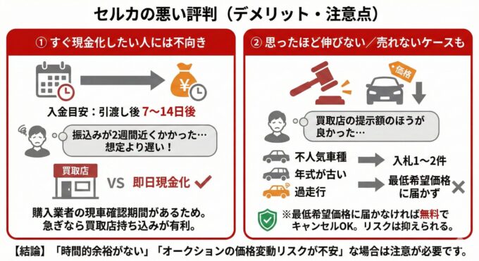 セルカの悪い評判（デメリット・注意点）を図解。①すぐ現金化したい人には不向き：入金は引渡し後7〜14日が目安で、急ぎなら買取店持ち込みが有利。②思ったほど伸びない／売れないケースも：不人気車や低年式車は入札が少なく最低希望価格に届かないこともあるが、その場合は無料でキャンセル可能。結論として、時間的余裕がない場合や価格変動リスクが不安な場合は注意が必要と記載。