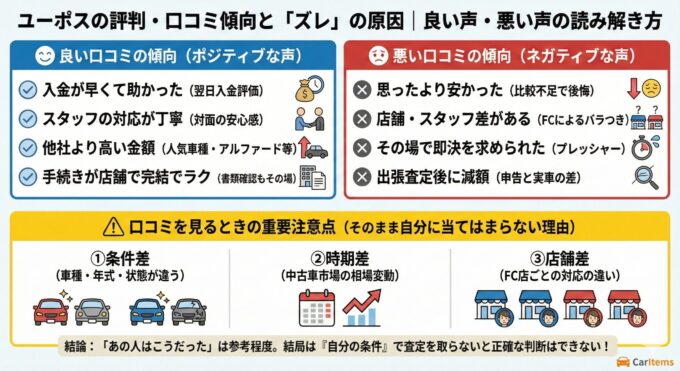 ユーポスの評判・口コミの傾向と、それがそのまま自分に当てはまらない「ズレ」の原因を解説した図解。上段左では良い口コミ(入金の早さ、丁寧な対応、高額査定、手続きの楽さ)、上段右では悪い口コミ(安さ、店舗差、即決のプレッシャー、減額)をそれぞれアイコン付きで列挙。下段では口コミを見る際の重要注意点として、条件差(車種・状態)、時期差(市場変動)、店舗差(FC店の対応違い)の3つの要因をイラストで説明し、最終的に自分の条件で査定を取る重要性を結論付けている。右下にCarItemsロゴ。
