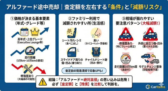 アルファードの途中売却において、査定額を左右する条件と減額リスクをまとめた図解。①価格が決まる基本要素(年式・グレード高ければプラス、修復歴ありは大幅マイナスなど)、②ファミリー利用で減額されやすい生活感のポイント(シート汚れ、臭い、スライドドア傷、チャイルドシート跡)、③相場が崩れやすい要注意パターン(フレーム修正、10万km超、モデルチェンジ後など)の3点をイラスト付きで解説。下部では「アルファード=絶対高値」の思い込みは危険であり、必ず査定額と残債を比較するよう結論付けている。右下にCarItemsロゴ。