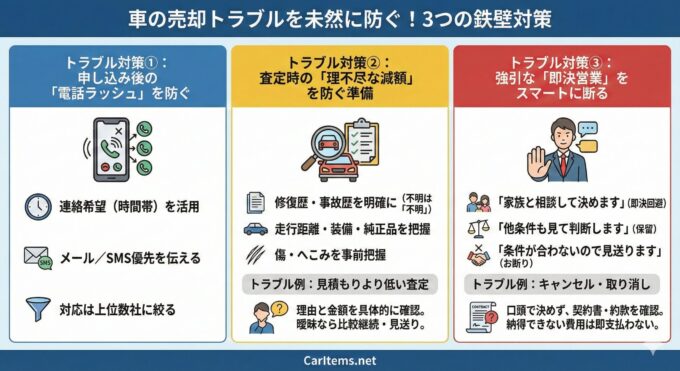 車の売却トラブルを未然に防ぐ!3つの鉄壁対策をまとめた図解。左の青色列は「トラブル対策①:申し込み後の『電話ラッシュ』を防ぐ」で、連絡希望時間帯の活用、メール/SMS優先の伝達、対応を上位数社に絞ることを推奨。中央の黄色列は「トラブル対策②:査定時の『理不尽な減額』を防ぐ準備」で、修復歴・事故歴、走行距離・装備、傷・へこみの事前把握を促し、見積もりより低い査定への対応例を提示。右の赤色列は「トラブル対策③:強引な『即決営業』をスマートに断る」で、家族との相談、他条件との比較、条件不一致を理由とした具体的な断り文句と、キャンセル・取り消し時の契約書確認の重要性を解説。