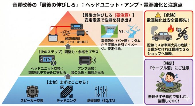 音質改善の「最後の伸びしろ」:ヘッドユニット・アンプ・電源強化と注意点をまとめた図解。ピラミッド構造で音質改善のステップを示し、最下段の【土台】(スピーカー交換、デッドニング、基礎調整)、中段の【次のステップ】(ヘッドユニット交換、アンプ追加)、最上段の【最後の伸びしろ】(電源強化)を解説。特に電源強化(バッ直)は「ダムから直接水を引くイメージ」と図示し、純正配線との違いを強調。右側では【危険】として電源強化の配線ミスによる車両火災リスクとショップ依頼の推奨、下段では【補足】として予算内で楽しむべき「ケーブル沼」への注意喚起を行っている。