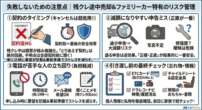 残クレ途中売却とファミリーカー特有のリスク管理における、失敗しないための注意点をまとめた図解。①契約のタイミング(契約後キャンセルは危険、契約前が最後の安全地帯)、②減額になりやすい申告ミス(過少申告・写真不足・曖昧な修復歴を避け、正確・正直に)、③電話が苦手な人の立ち回り(時間指定・メール希望・聞くことメモで負担軽減)、④引き渡し前の最終チェック(ETCカード、ドラレコ・ナビ情報、チャイルドシート、隙間の忘れ物確認)の4点をイラストで解説。右下にCarItemsロゴ。