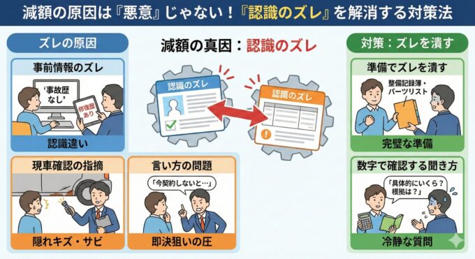 車査定の減額トラブルの原因と対策を図解したインフォグラフィック。減額の真因は「悪意」ではなく「認識のズレ」であり、「修復歴の認識違い」「隠れキズの指摘」「即決狙いの圧」といった具体的な原因と、それに対する「整備記録簿による完璧な準備」「根拠を問う冷静な質問」といった対策法がイラストで分かりやすく解説されている。