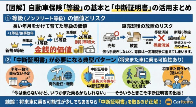 「自動車保険「等級」の基本と「中断証明書」の活用まとめ」というタイトルのインフォグラフィック。上段のセクション①では、無事故で毎年等級が上がり(新規6等級から最大20等級まで)、割引率が大きくなる(「割引率特大」)という等級の「金銭的価値」を図解。一方で、車売却後に手続きをせずに「放置」すると、「一定期間経過」後に「等級消滅」し、「新規6等級」から「新規スタートやり直し」になるリスクを警告している。下段のセクション②では、将来また車に乗る可能性がある場合に等級を最長10年保存できる「中断証明書」が必要になる4つの典型パターン(「半年〜数年乗らない予定」、「海外赴任・転勤」、「車のない生活に切り替え」、「将来また買うかも(迷い中)」)を、それぞれのアイコンと共に解説している。結論として「将来車に乗る可能性が少しでもあるなら『中断証明書』を取るのが正解!」と強調している。右下にCarItemsロゴ。