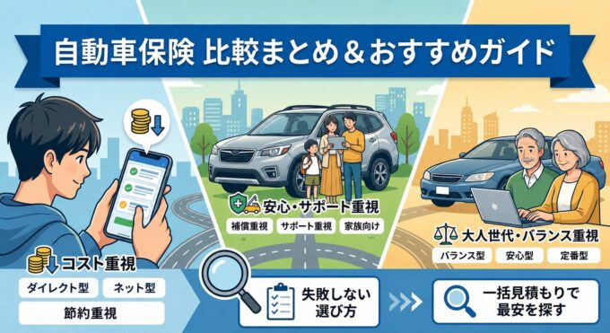 「自動車保険の比較とおすすめを紹介するイラスト」