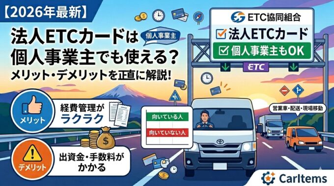 2026年最新版の法人ETCカード解説記事のアイキャッチ画像。青空と富士山を背景に、高速道路を走るトラックの運転手が法人ETCカードを笑顔で掲げている。上部には「法人ETCカードは個人事業主でも使える？メリット・デメリットを正直に解説！」という見出しがあり、ETCゲートの看板には「ETC協同組合 法人ETCカード 個人事業主もOK」と書かれている。左側にはメリット（経費管理がラクラク）とデメリット（出資金・手数料がかかる）がアイコン付きで整理されており、中央には「向いている人／向いていない人」のフローチャートがある。右下には「CarItems」のロゴ。