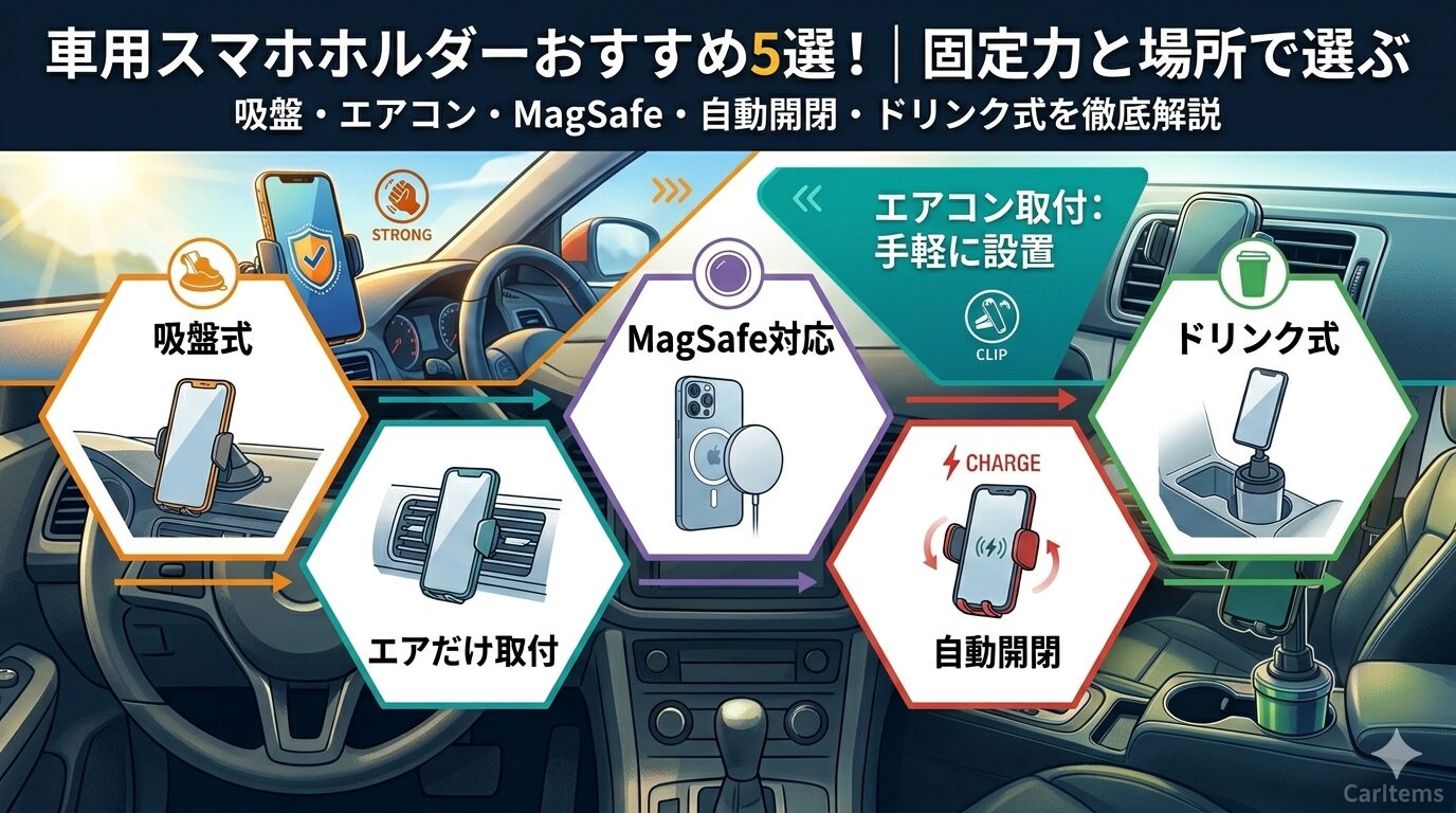 ン・MagSafe・自動開閉・ドリンク式を徹底解説」というサブタイトルが付いた、車内からの視点を背景にしたインフォグラフィック画像。 画像には、5つの異なるスマホホルダーのタイプが、色分けされた枠と矢印で示されている。 1. 吸盤式（オレンジ枠）: ダッシュボードに吸盤で固定されたスマホ。「 STRONG」のアイコン付き。「吸盤式」と書かれている。 2. エアコン取付（緑枠）: エアコン吹き出し口に取り付けられたスマホ。クリップのアイコンと「手軽に設置」という説明。「エアコン取付」と書かれている。 3. MagSafe対応（紫枠）: MagSafe充電器に磁石でくっついたiPhone。「MAGNET」のアイコン付き。「MagSafe対応」と書かれている。 4. 自動開閉（赤枠）: 自動開閉機能付きのワイヤレス充電ホルダーにセットされたスマホ。「AUTO」「CHARGE」のアイコン付き。「自動開閉」と書かれている。 5. ドリンク式（青枠）: ドリンクホルダーに差し込んで固定されたスマホ。カップのアイコンと「視界スッキリ」という説明。「ドリンク式」と書かれている。 画像の下部には、車のハンドル、ダッシュボード、センターコンソール（ドリンクホルダーを含む）が見え、右下隅に「CarItems」というテキストロゴが入っている。各枠は矢印で結ばれ、全体として選択肢の流れを示している。