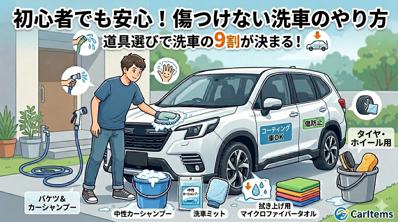 洗車初心者向けのアイキャッチ画像。白いSUVを背景に、男性が泡と洗車ミットで優しく洗車している。画像内には「道具選びで洗車の9割が決まる！」という見出しと、カーシャンプー、洗車ミット、マイクロファイバータオル、バケツなどの基本道具がラベル付きで紹介されている。タイヤ・ホイール用の道具を分ける重要性も視覚化されており、右下には「CarItems」のロゴが配置されている。