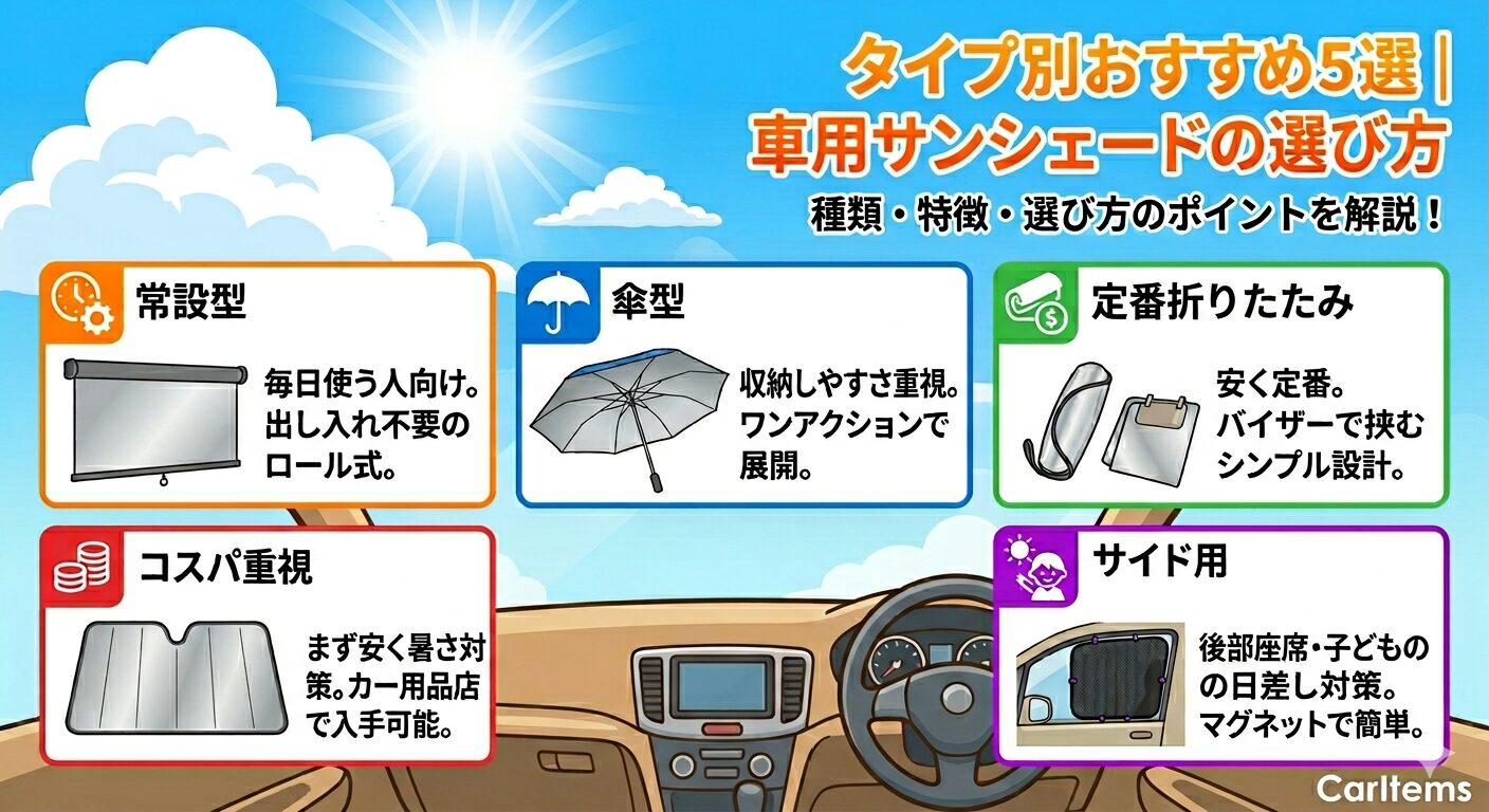 車用サンシェードのタイプ別おすすめ5選を紹介するアイキャッチ画像。夏の日差しが差し込む車内を背景に、常設型・傘型・定番折りたたみ・コスパ重視・サイド用のサンシェードをイラスト付きで比較し、右下にCarItemsロゴを配置したデザイン。
